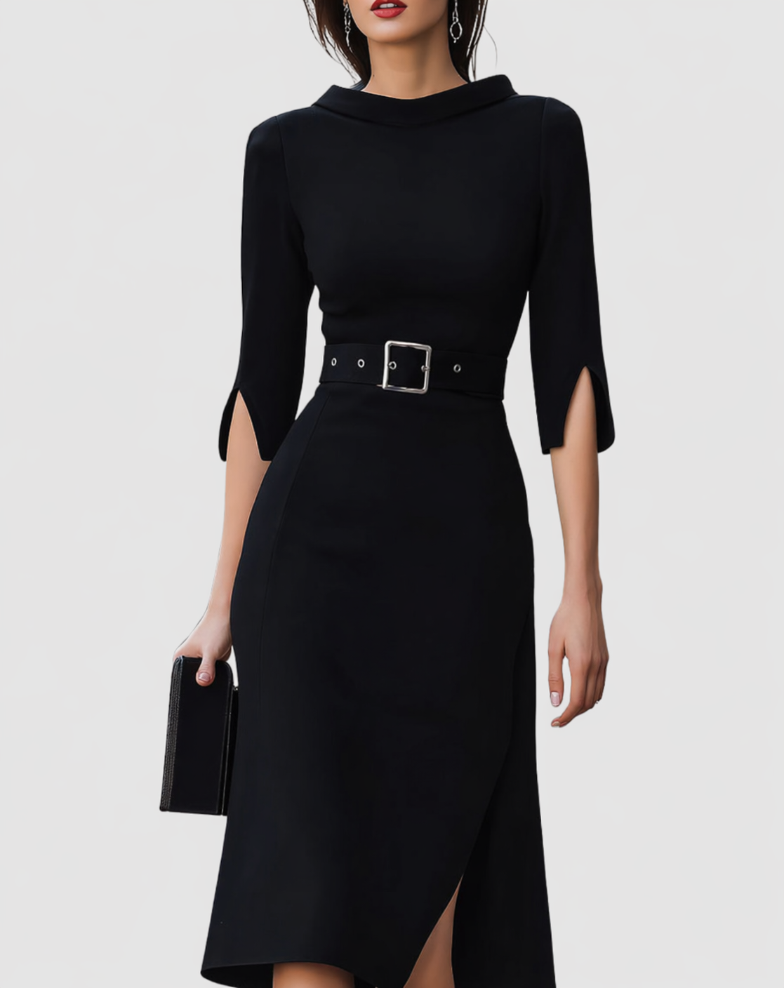modern black mock neck split sleeve midi dress Black Mockneck Split Hem Midi Sweater Dress