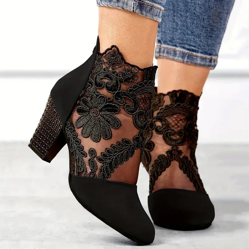 Women’s White Lace Heels with Floral Detail