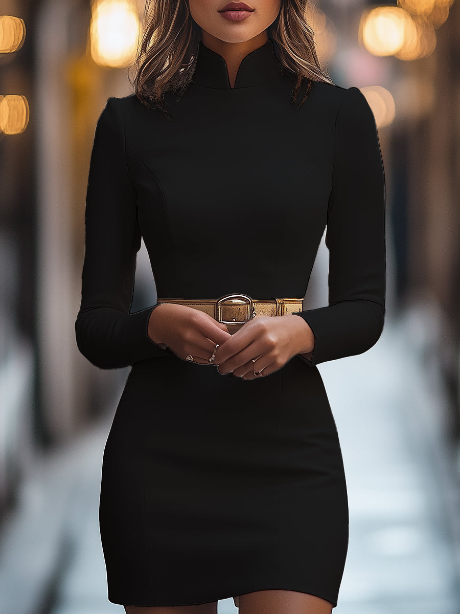 White Mandarin Collar Dress | Belted Waist | Elegant Midi Fit