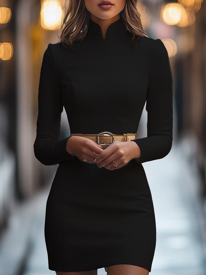 White Mandarin Collar Dress | Belted Waist | Elegant Midi Fit