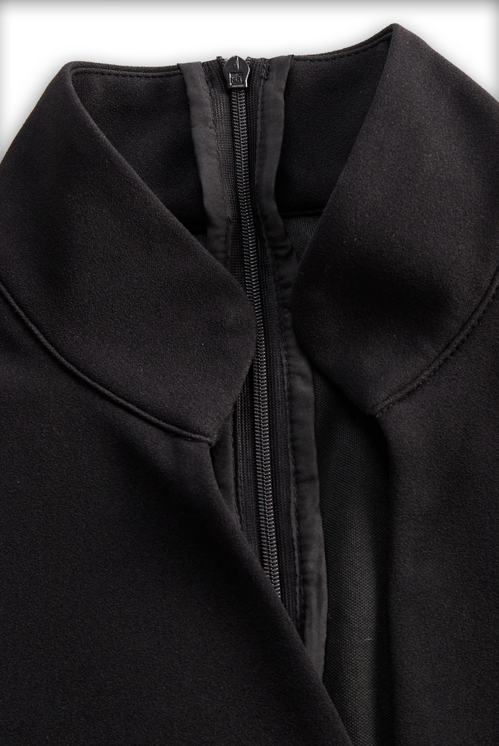 Black Sheath Dress | Belted Waist | Mandarin Collar | Refined Modern Elegance