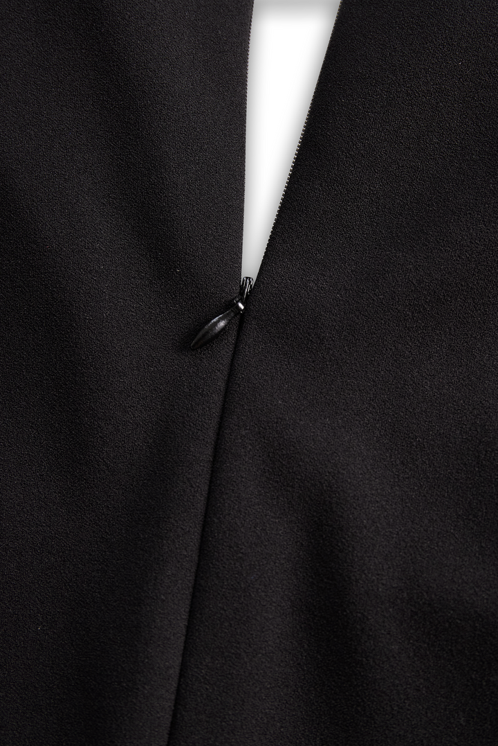 Black Sheath Dress | Belted Waist | Mandarin Collar | Refined Modern Elegance