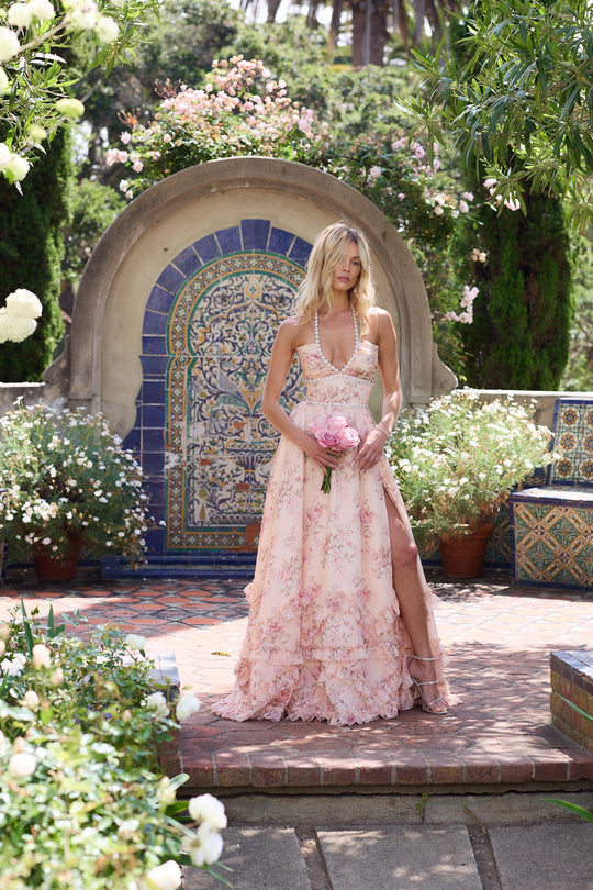 Alexa Peach Tapestry Floral Corset Maxi Dress