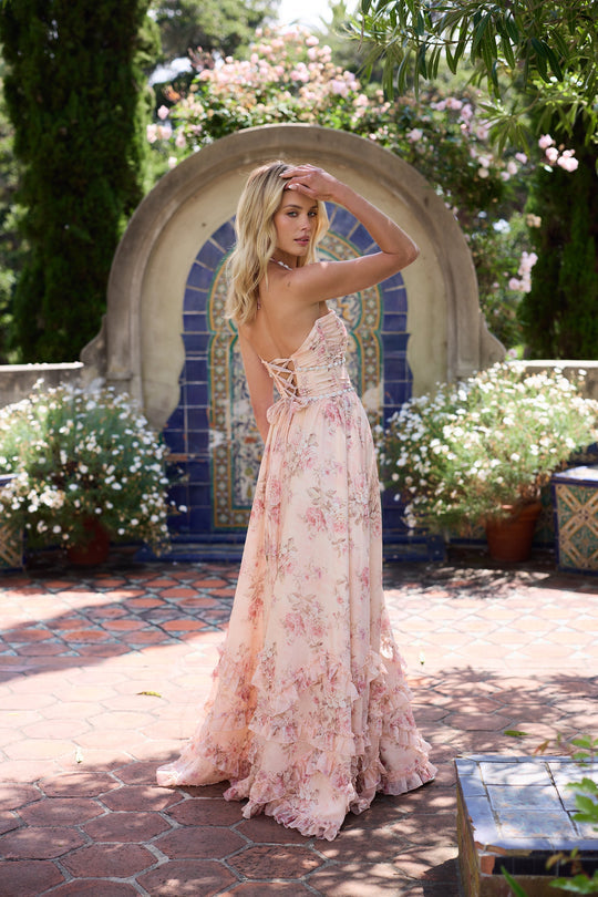 Alexa Peach Tapestry Floral Corset Maxi Dress
