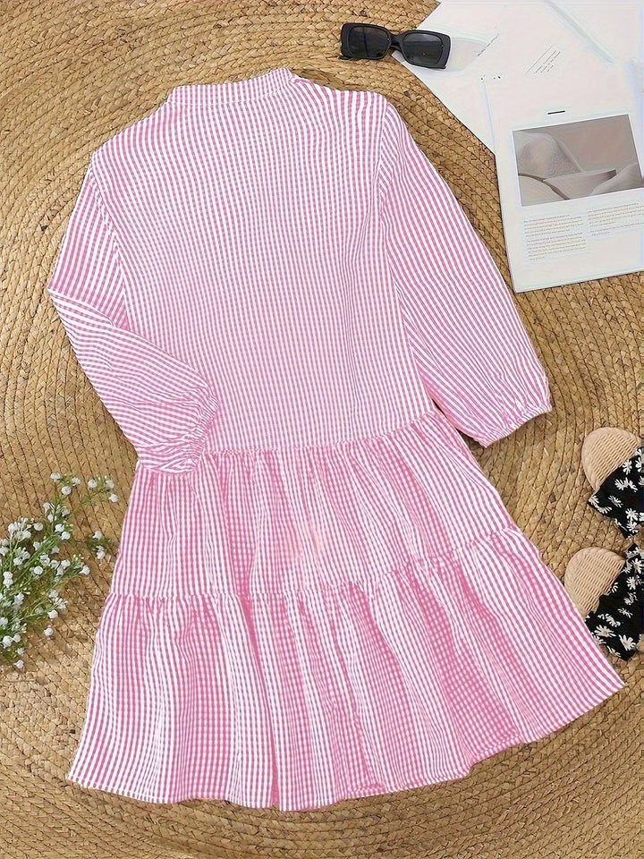 Gingham Striped Button-Down Summer Dress with Puff Sleeves