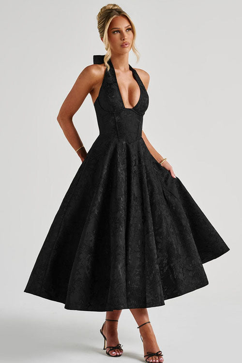 Genevieve V-Neck Halterneck Sleeveless Jacquard Maxi Dress