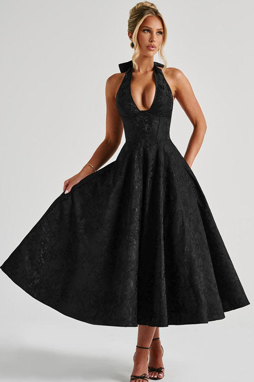 Genevieve V-Neck Halterneck Sleeveless Jacquard Maxi Dress