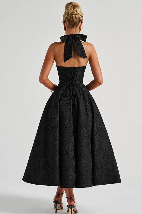Genevieve V-Neck Halterneck Sleeveless Jacquard Maxi Dress