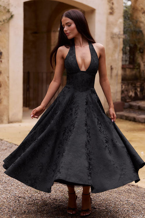 Genevieve V-Neck Halterneck Sleeveless Jacquard Maxi Dress