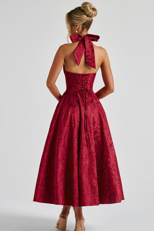 Genevieve V-Neck Halterneck Sleeveless Jacquard Maxi Dress
