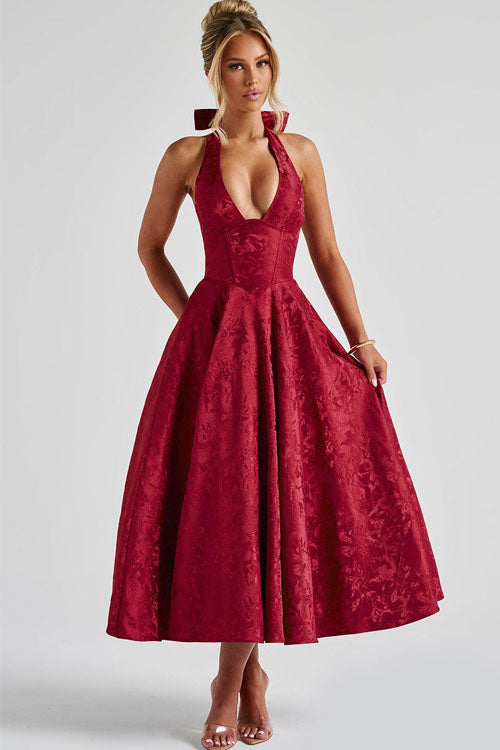 Genevieve V-Neck Halterneck Sleeveless Jacquard Maxi Dress