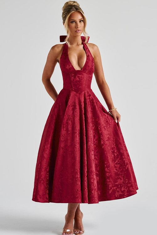 Genevieve V-Neck Halterneck Sleeveless Jacquard Maxi Dress