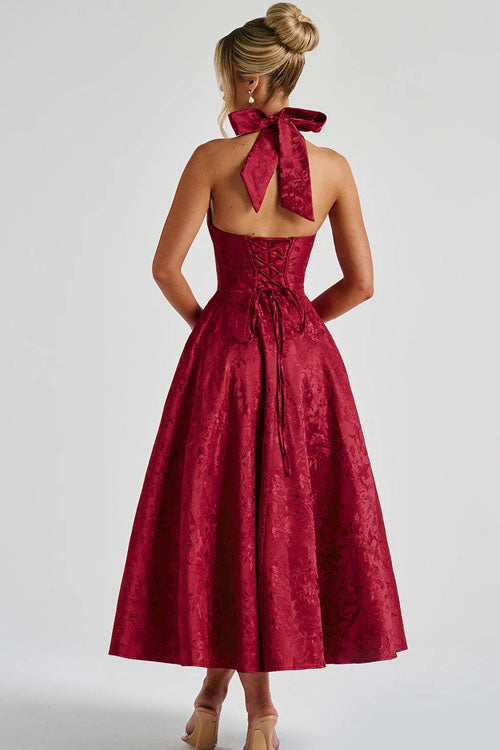 Genevieve V-Neck Halterneck Sleeveless Jacquard Maxi Dress