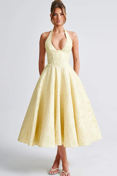 Genevieve V-Neck Halterneck Sleeveless Jacquard Maxi Dress