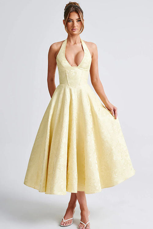 Genevieve V-Neck Halterneck Sleeveless Jacquard Maxi Dress
