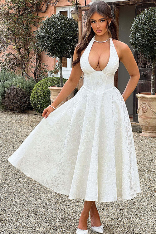 Genevieve V-Neck Halterneck Sleeveless Jacquard Maxi Dress