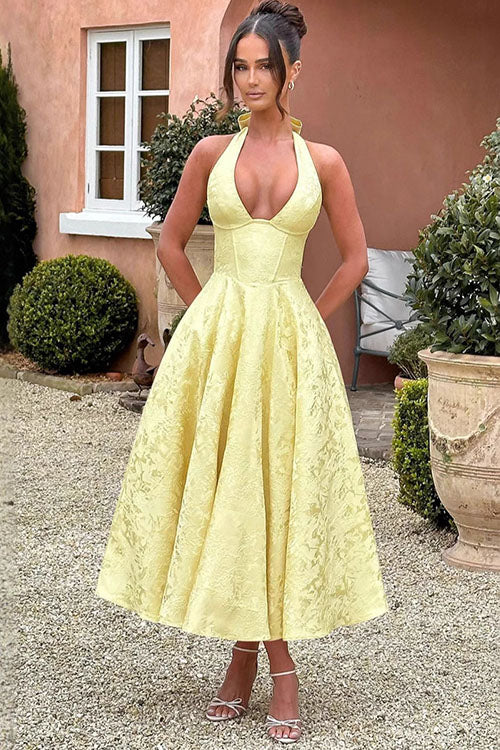 Genevieve V-Neck Halterneck Sleeveless Jacquard Maxi Dress