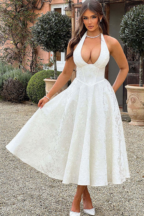 Genevieve V-Neck Halterneck Sleeveless Jacquard Maxi Dress