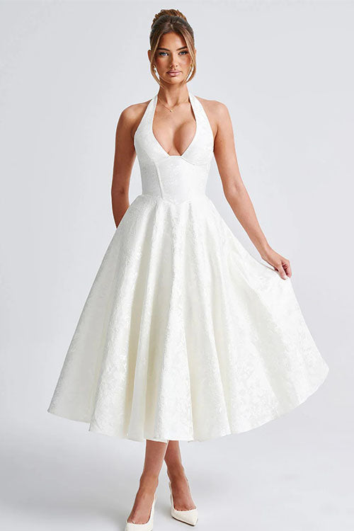 Genevieve V-Neck Halterneck Sleeveless Jacquard Maxi Dress