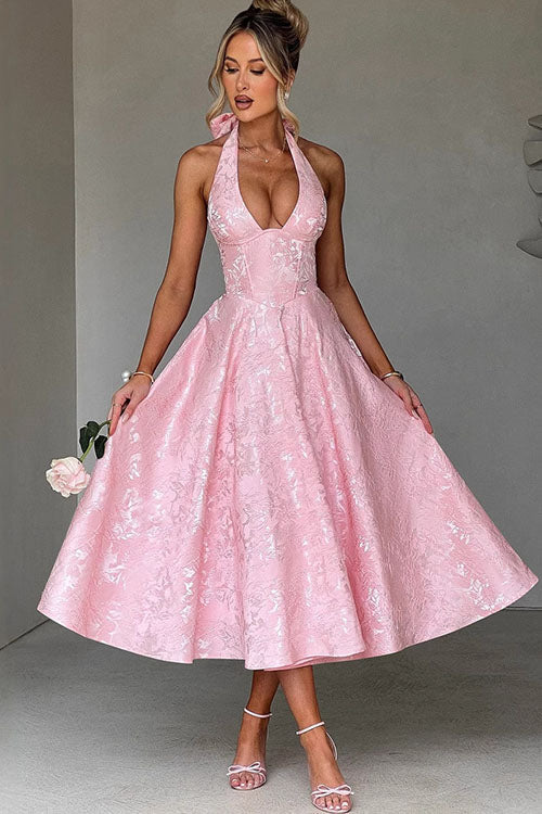 Genevieve V-Neck Halterneck Sleeveless Jacquard Maxi Dress