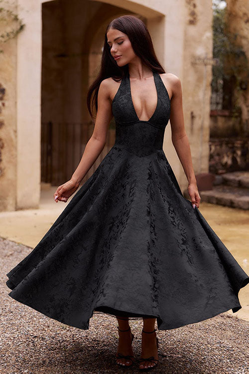 Genevieve V-Neck Halterneck Sleeveless Jacquard Maxi Dress