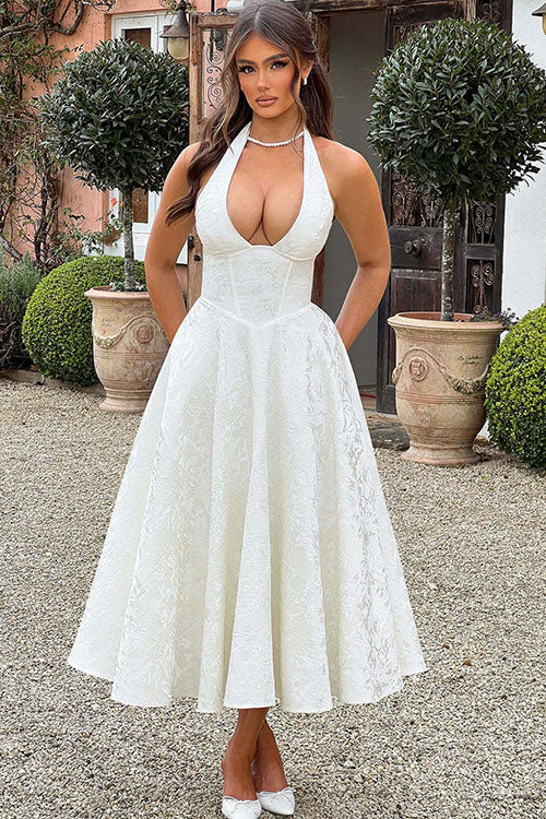 Genevieve V-Neck Halterneck Sleeveless Jacquard Maxi Dress