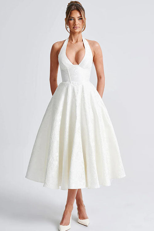 Genevieve V-Neck Halterneck Sleeveless Jacquard Maxi Dress