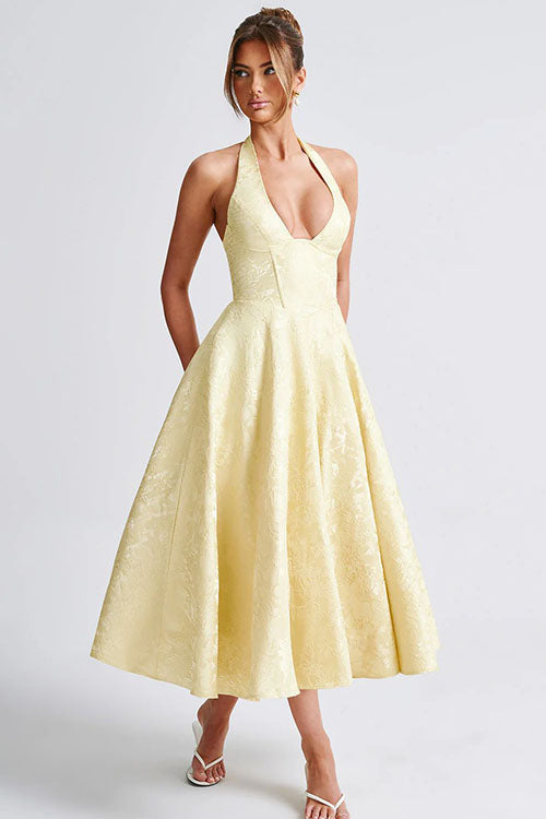 Genevieve V-Neck Halterneck Sleeveless Jacquard Maxi Dress