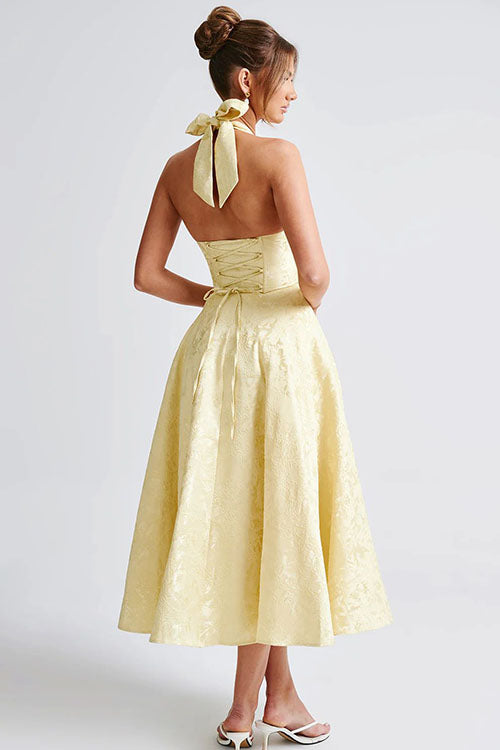 Genevieve V-Neck Halterneck Sleeveless Jacquard Maxi Dress