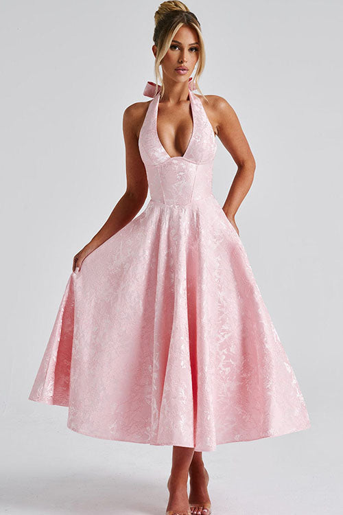 Genevieve V-Neck Halterneck Sleeveless Jacquard Maxi Dress