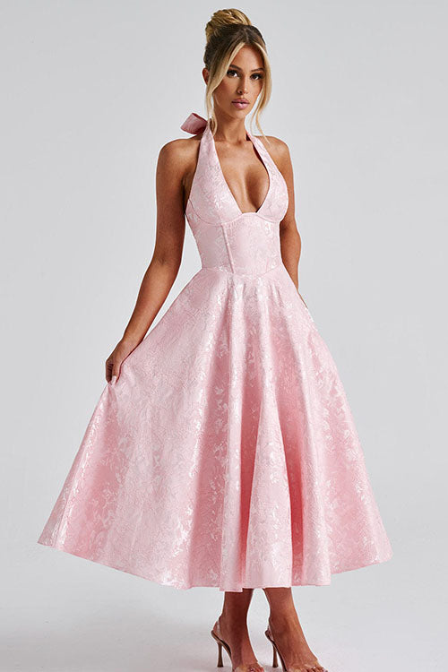 Genevieve V-Neck Halterneck Sleeveless Jacquard Maxi Dress