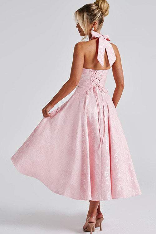 Genevieve V-Neck Halterneck Sleeveless Jacquard Maxi Dress