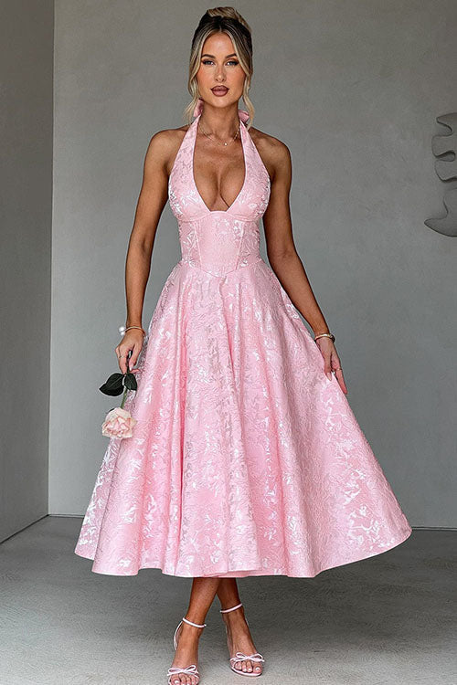 Genevieve V-Neck Halterneck Sleeveless Jacquard Maxi Dress