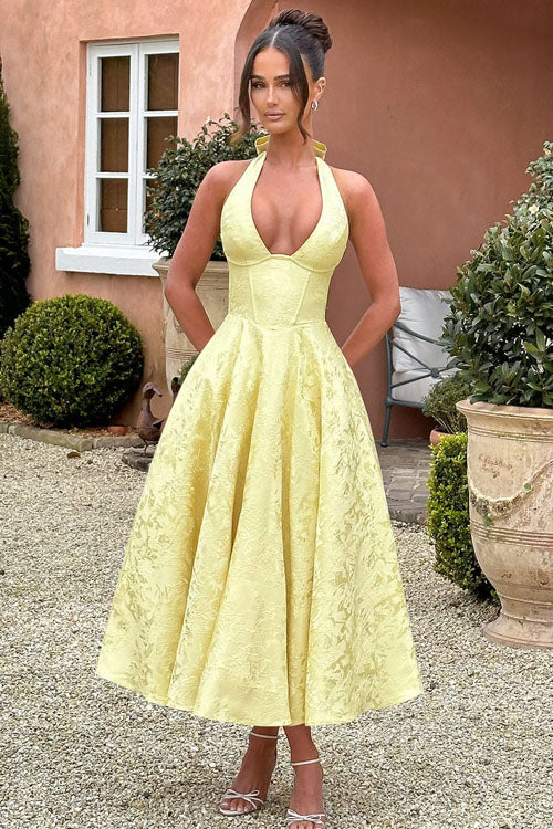 Genevieve V-Neck Halterneck Sleeveless Jacquard Maxi Dress