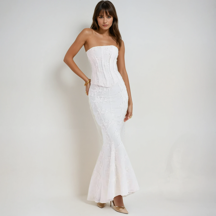 Celestine Strapless Embroidered Wedding Guest Maxi Dress