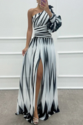 Bonnie Elegant Striped One Shoulder Maxi Dress
