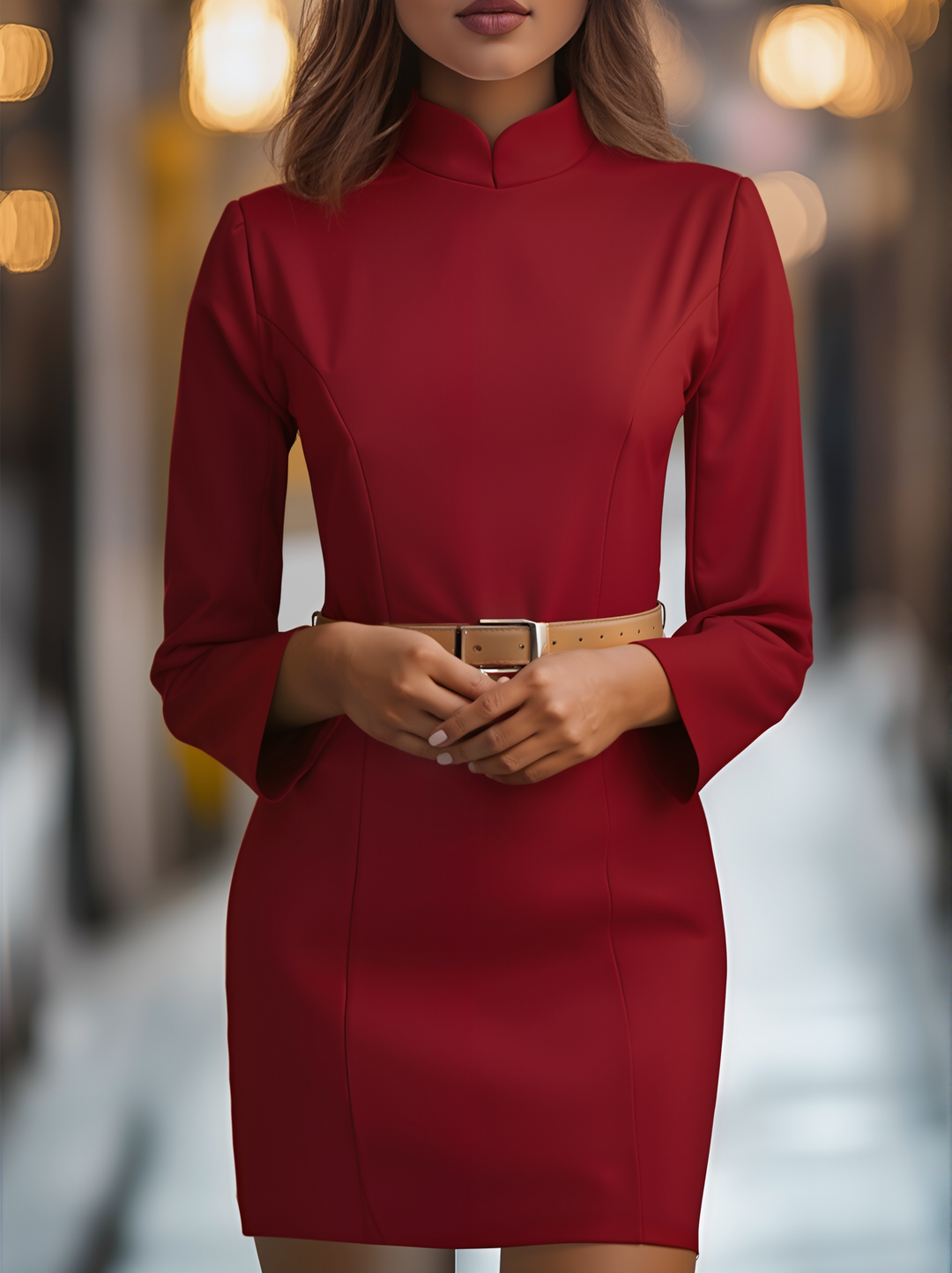 White Mandarin Collar Dress | Belted Waist | Elegant Midi Fit