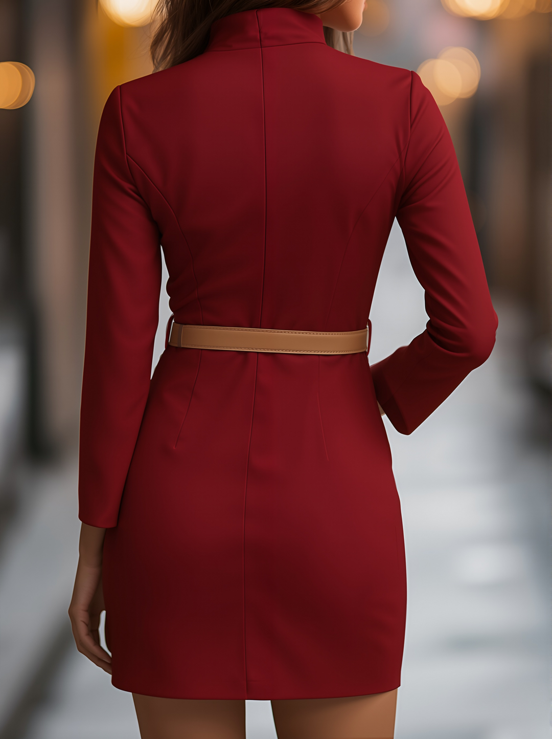 White Mandarin Collar Dress | Belted Waist | Elegant Midi Fit