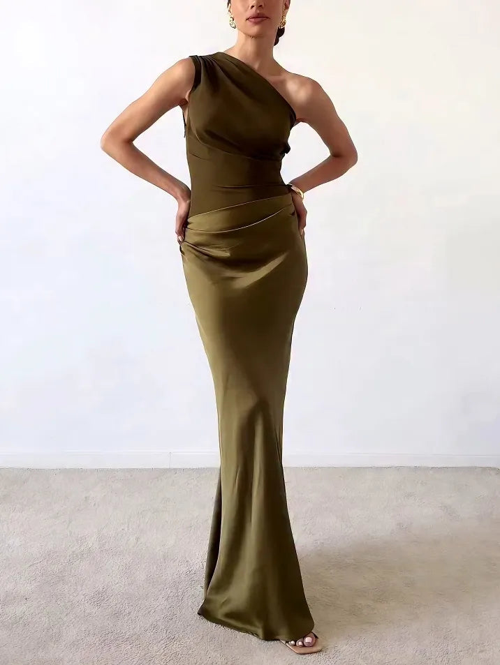 Anita Elegant One Shoulder Neck Pleated Party Maxi Dress