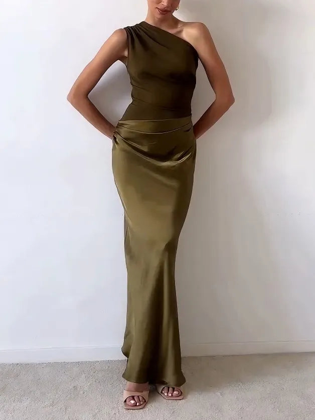 Anita Elegant One Shoulder Neck Pleated Party Maxi Dress