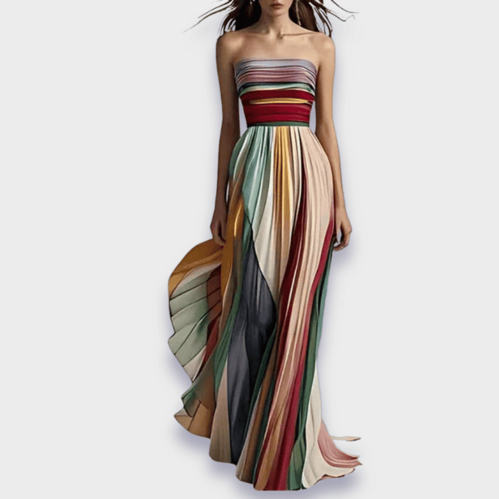 Selene Maxi Dress with Vibrant Pleats and Bare-Shoulder Design