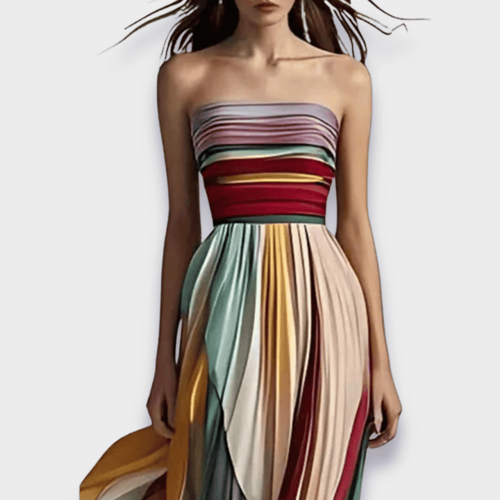 Selene Maxi Dress with Vibrant Pleats and Bare-Shoulder Design