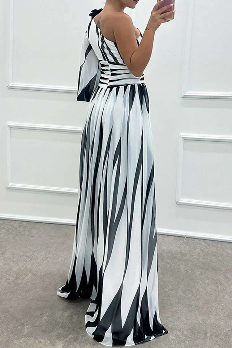 Bonnie Elegant Striped One Shoulder Maxi Dress