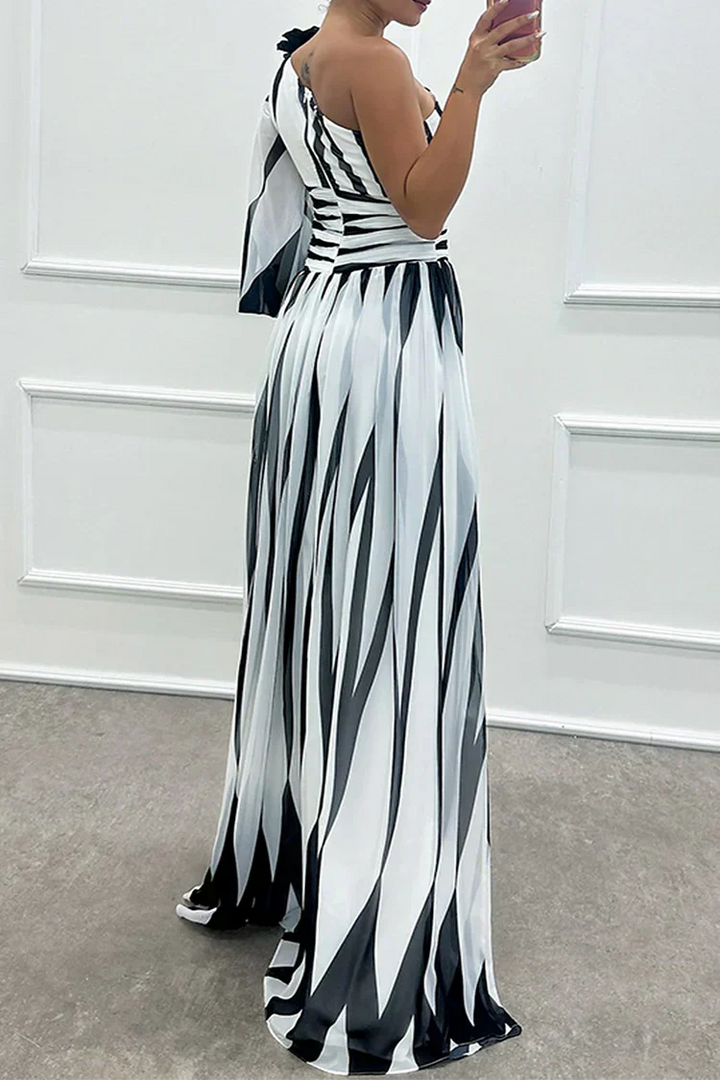 Bonnie Elegant Striped One Shoulder Maxi Dress