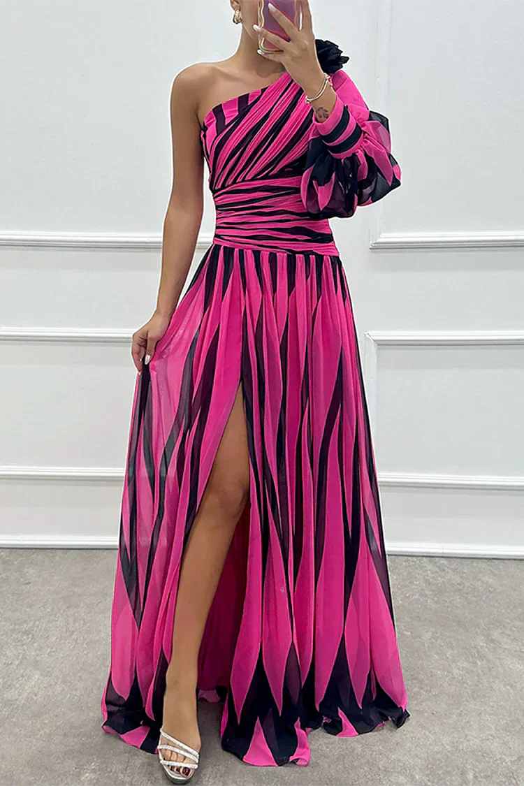 Bonnie Elegant Striped One Shoulder Maxi Dress