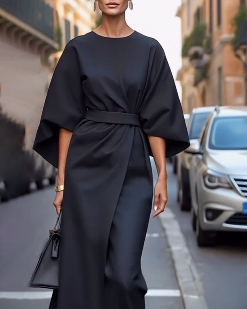 Aurelia Elegant Dress with Lantern Sleeves and Belt
