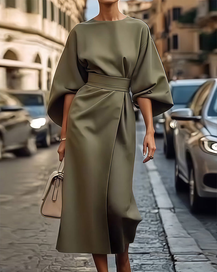 Aurelia Elegant Dress with Lantern Sleeves and Belt