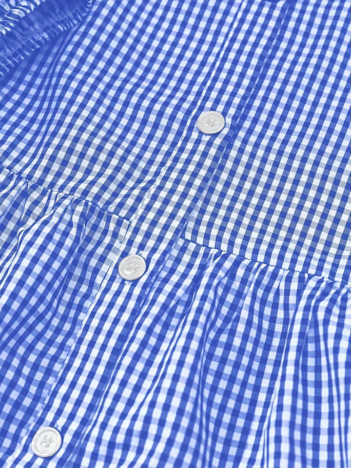 Gingham Striped Button-Down Summer Dress with Puff Sleeves