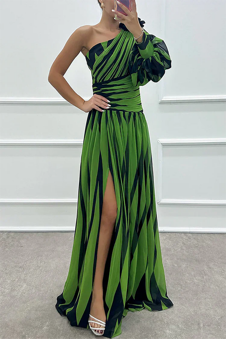 Bonnie Elegant Striped One Shoulder Maxi Dress