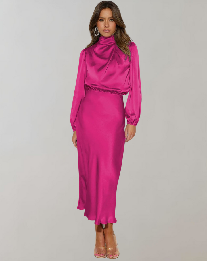 Anna Elegant Satin Long Sleeve Dress